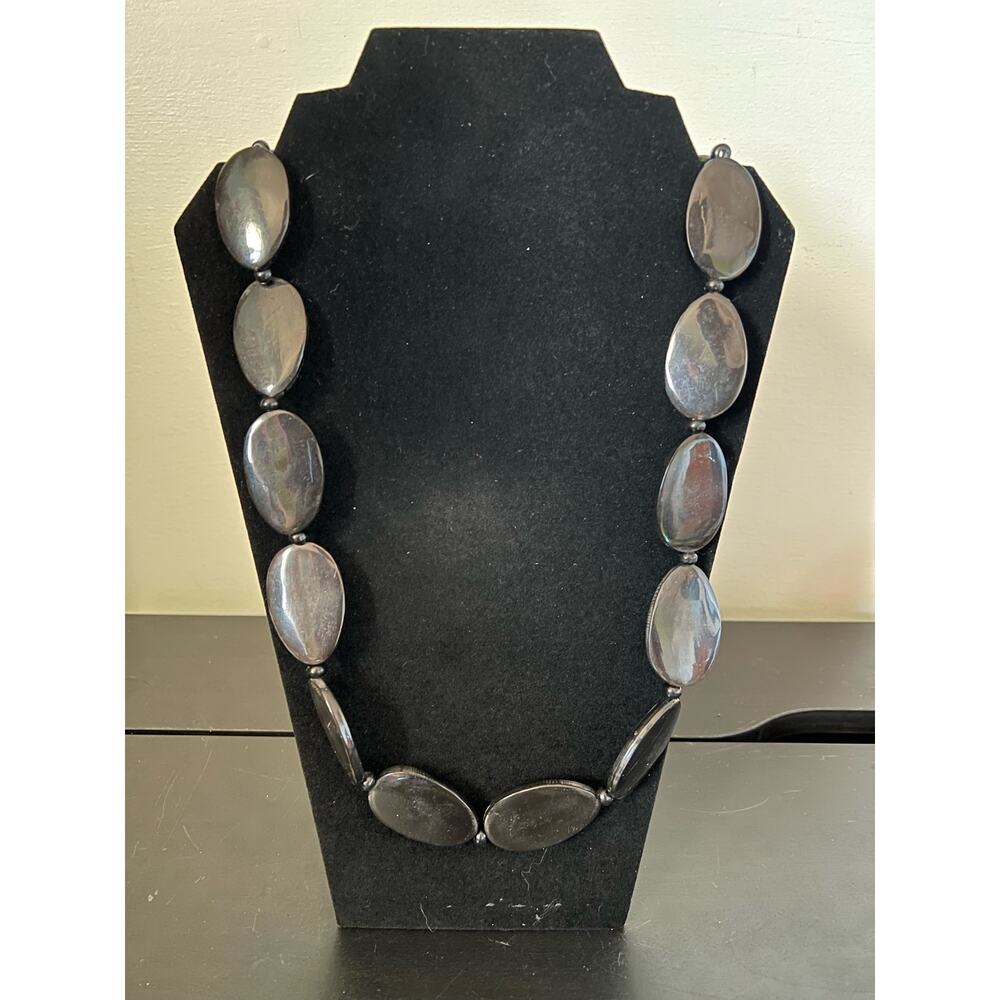 Vintage 15" Black Beaded Necklace with Thick Oval Stones